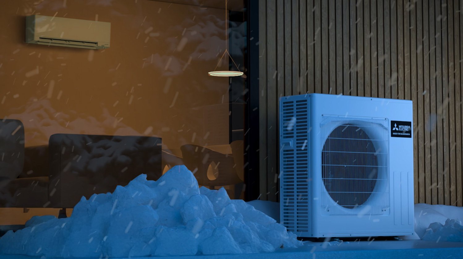 Mitsubishi Electric RZ välisosa lume ja jää sees