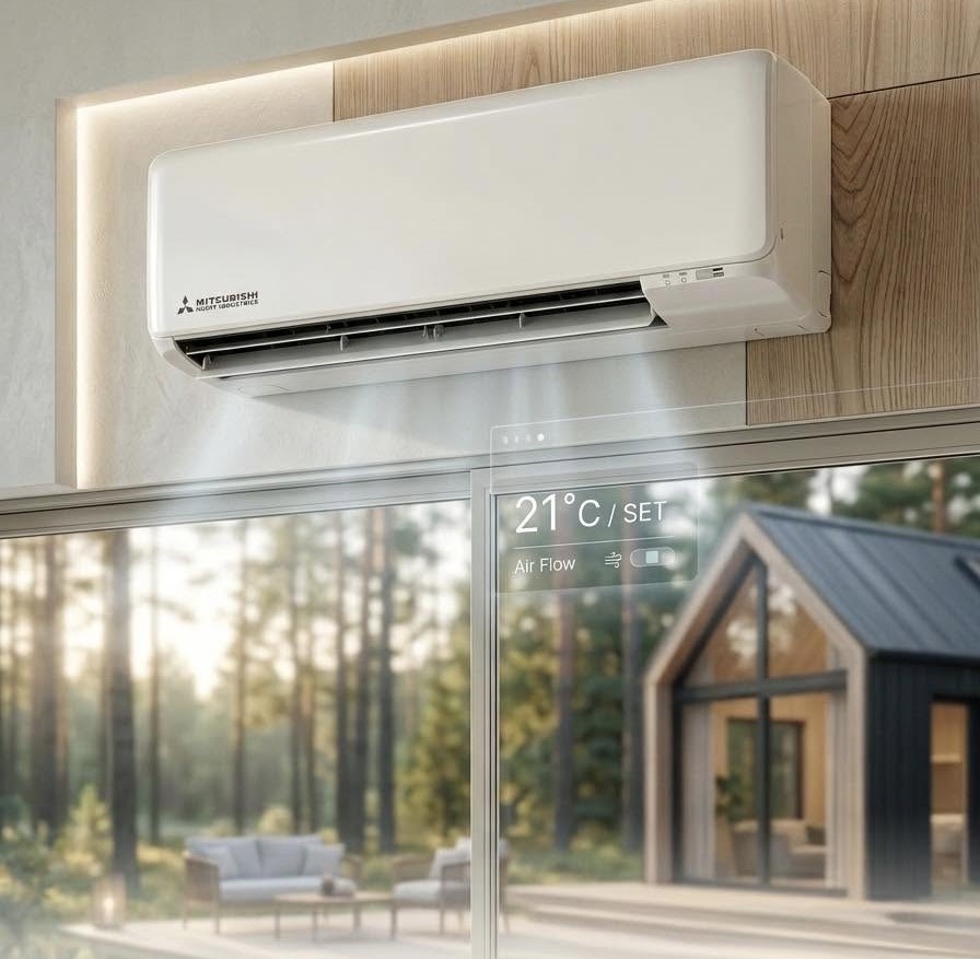 Кондиционер на стене в гостиной, задано 21 °C
